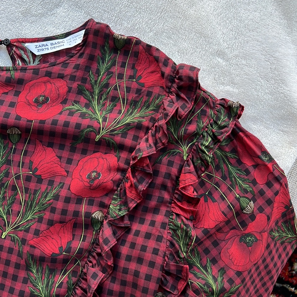 Zara Basic Z1975 Denim Ruffled Drawstring Top - Picture 6 of 8